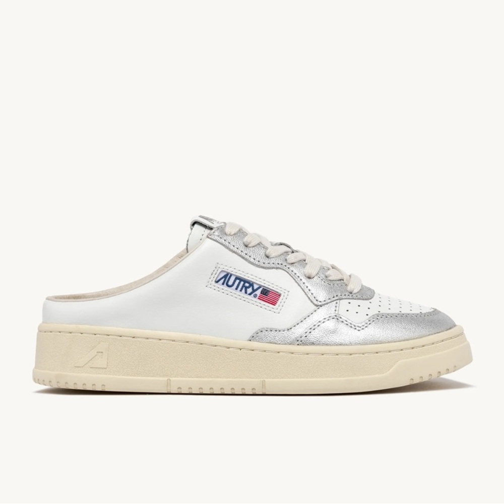 Autry Medalist Sabot Sneaker Mule in White and Silver 39